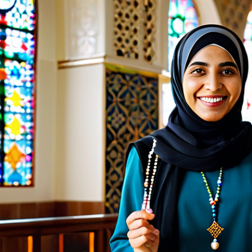 Home 6 A Modern Woman's Spiritual Journey**
"A fully clothed, professional Muslim woman in modest, modern attire stands in a brightly lit mosque, light streaming through stained glass windows, holding prayer beads. She is smiling gently. Background: Soft focus showing intricate Islamic geometric patterns. Safe for work, appropriate content, perfect anatomy, natural proportions, family-friendly, high quality."
**