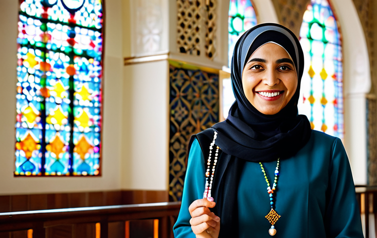 A Modern Woman's Spiritual Journey**

"A fully clothed, professional Muslim woman in modest, modern attire stands in a brightly lit mosque, light streaming through stained glass windows, holding prayer beads. She is smiling gently. Background: Soft focus showing intricate Islamic geometric patterns. Safe for work, appropriate content, perfect anatomy, natural proportions, family-friendly, high quality."

**